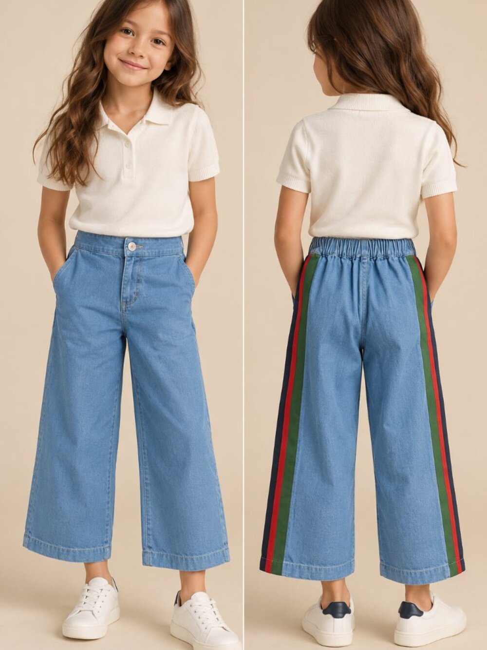 Gucci Kids Blue Denim Web Stripe Wide Leg Jeans Size 8